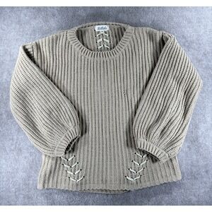 Listicle Taupe Beige Knit Sweater Women's Size M Balloon Sleeve Lace-up Detail